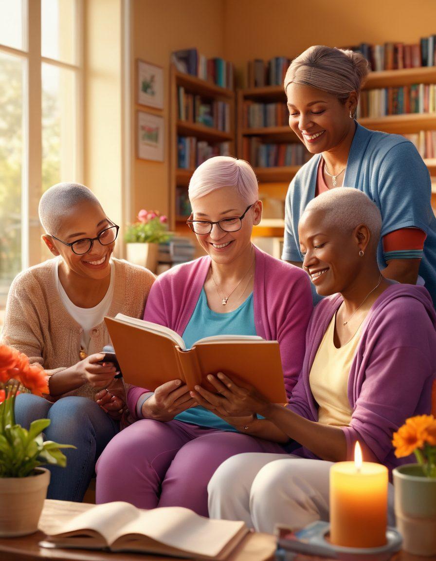 A compassionate scene depicting a diverse group of cancer survivors, joyfully engaging in a supportive community, surrounded by resources like books, wellness materials, and educational pamphlets. Bright colors and warm lighting emphasize hope and resilience. Include symbolic elements like a blooming flower representing new beginnings, and a digital tablet showcasing online support options. super-realistic. vibrant colors. warm background.