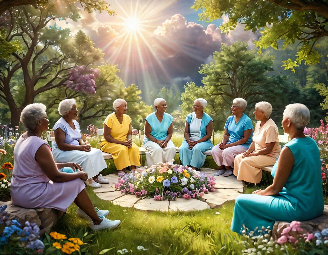 A hopeful scene depicting a diverse group of cancer patients and caregivers in a supportive circle, sharing stories and laughter, surrounded by nature. Include elements like healing crystals, soft lighting, and supportive hand-holding. Incorporate symbols of strength such as flowers blooming and sunlight breaking through clouds. Soft pastel colors. 3D. vibrant colors.