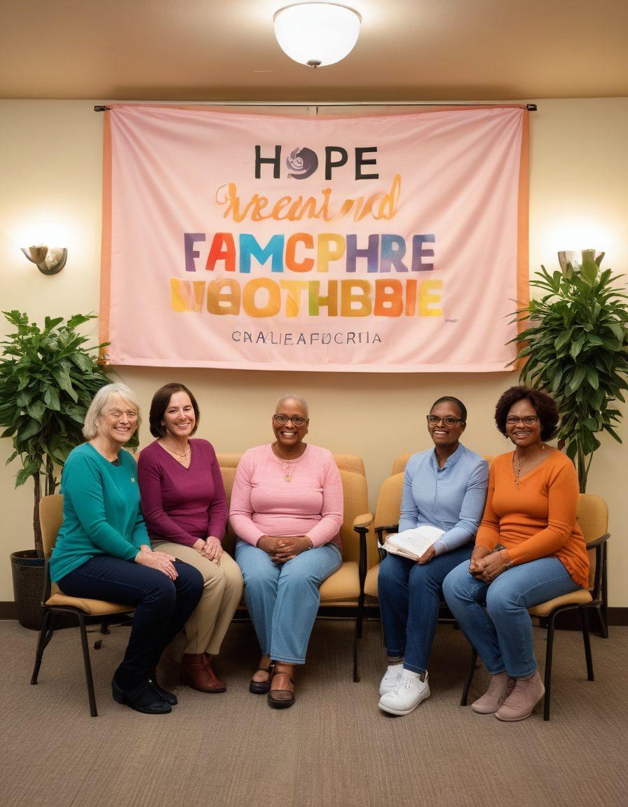 An uplifting scene showcasing a diverse group of people, including cancer survivors and healthcare providers, gathered in a cozy community center, sharing their stories and support. A large banner in the background reads 'Hope and Healing Together'. Soft, warm lighting enhances the feeling of comfort and togetherness, while various plants and supportive materials like pamphlets are visible. Illustrate a sense of community and resilience. vibrant colors. warm tones. super-realistic.